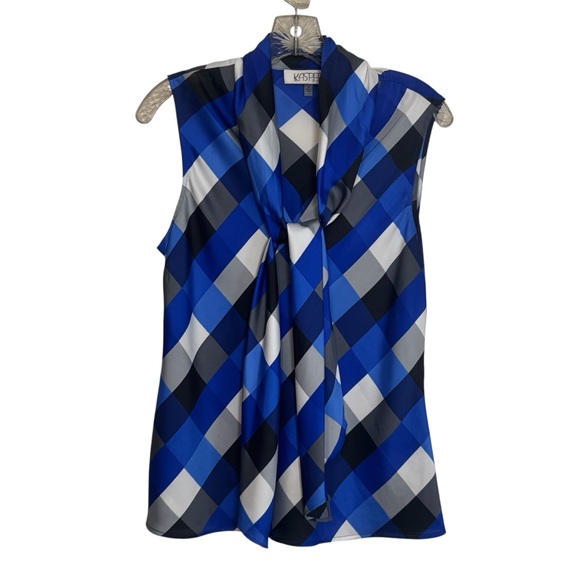 Kasper Women's Blue Plaid Sleeveless Blouse V Neck Bow Tie MEDIUM - Picture 1 of 5